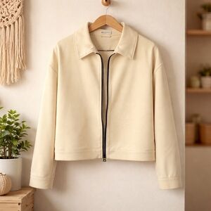 Zara Zip Up Cream Colored Denim Jacket